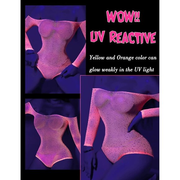 Women Orange Lingerie Fishnet Teddy Sparkle Rhinestone One Piece Mesh Bodysuit - Picture 3 of 5